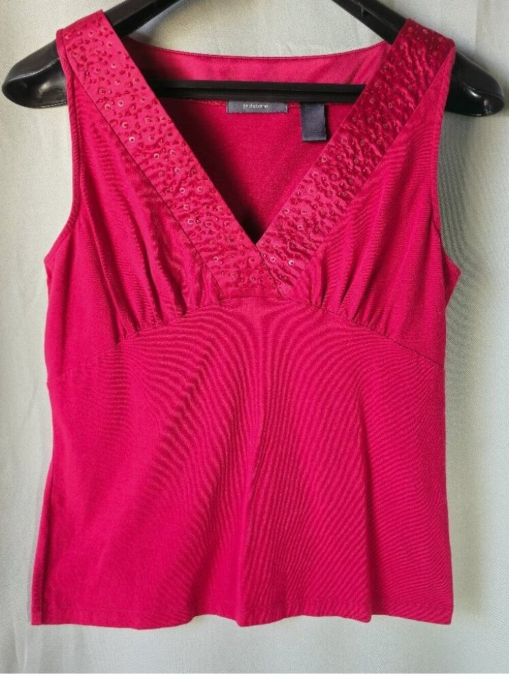 Satin Sequin Bead V-neck Trimmed RED Cotton Tank